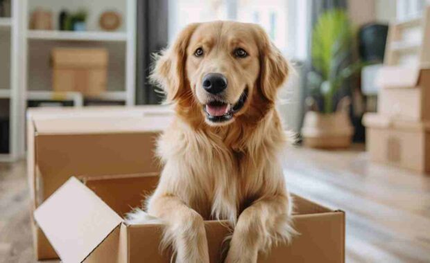 family dog inside a moving box playing