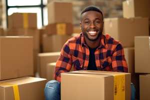 happy young man sitting next to moving boxes